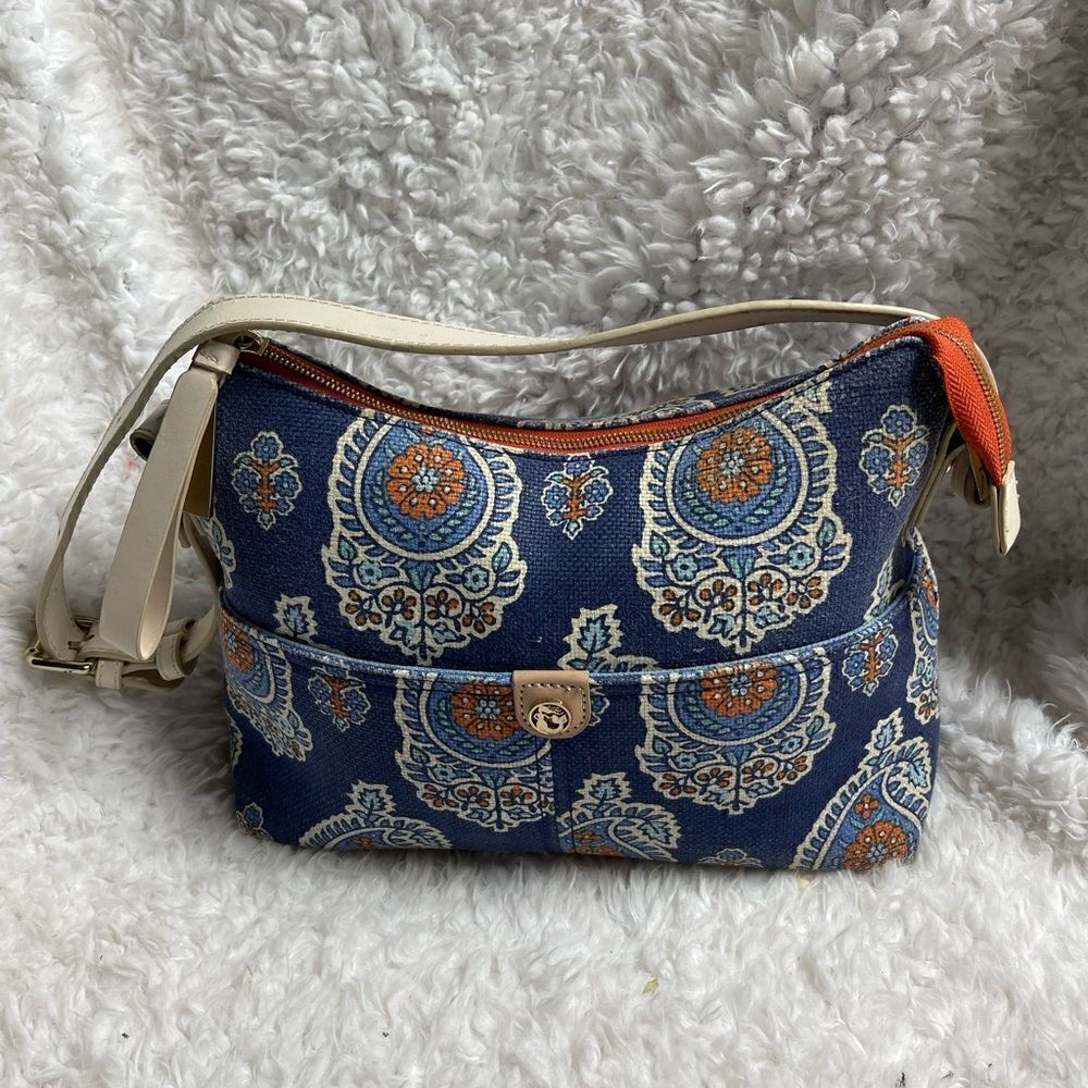 Spartina 449 Blue Bohemian canvas shoulder bag beige strap gold tone hardwares